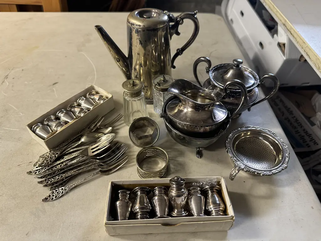 Selection Of Vintage Silverware Items Including Sheffield Walker & Hall Coffee Pot, Mini Salt & Pepper Shakers Etc Image 1++