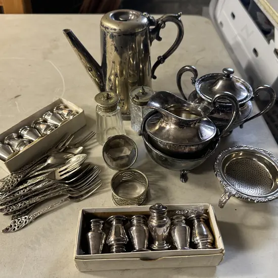 Selection Of Vintage Silverware Items Including Sheffield Walker & Hall Coffee Pot, Mini Salt & Pepper Shakers Etc