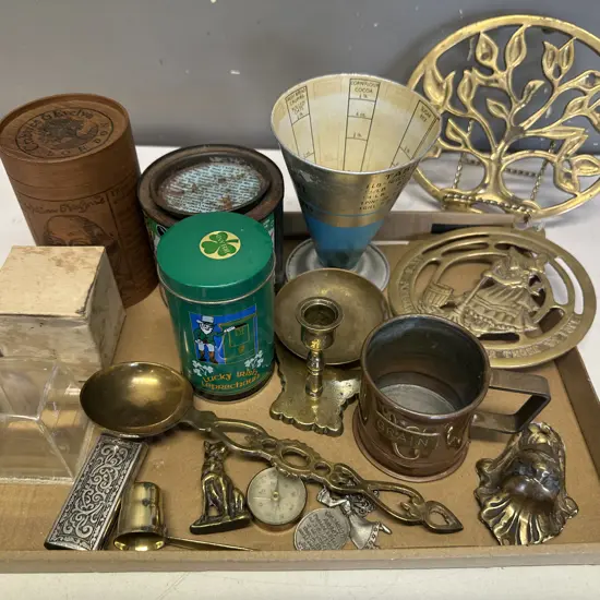 Selection Of Vintage Items Including Brassware, Tins, Etc