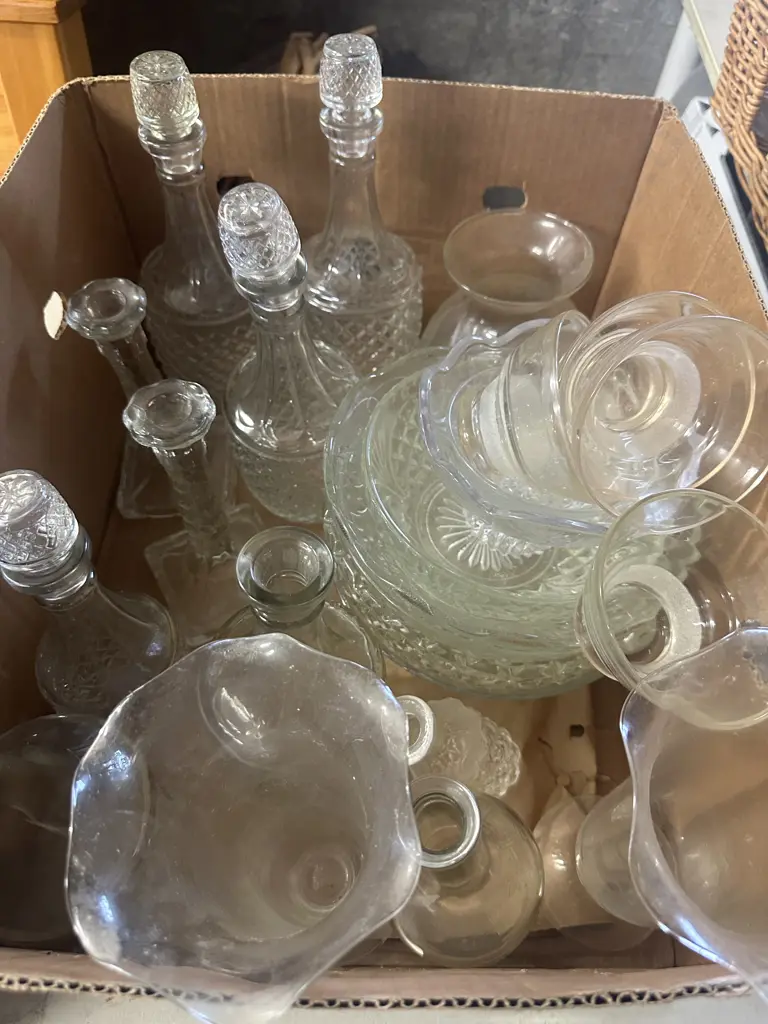 Box Lot Vintage Cut Glass Decanters, Candlesticks, Vases & Bowls Image 1++