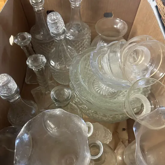 Box Lot Vintage Cut Glass Decanters, Candlesticks, Vases & Bowls