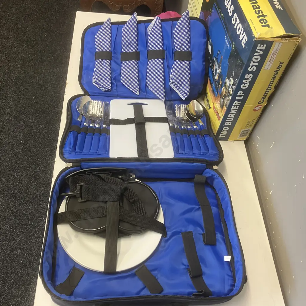 Campmaster Two Burner LP Gas Stove (No Hose), Single Bed Mosquito Net, Kool Kube Picnic Set In Bag Image 1++