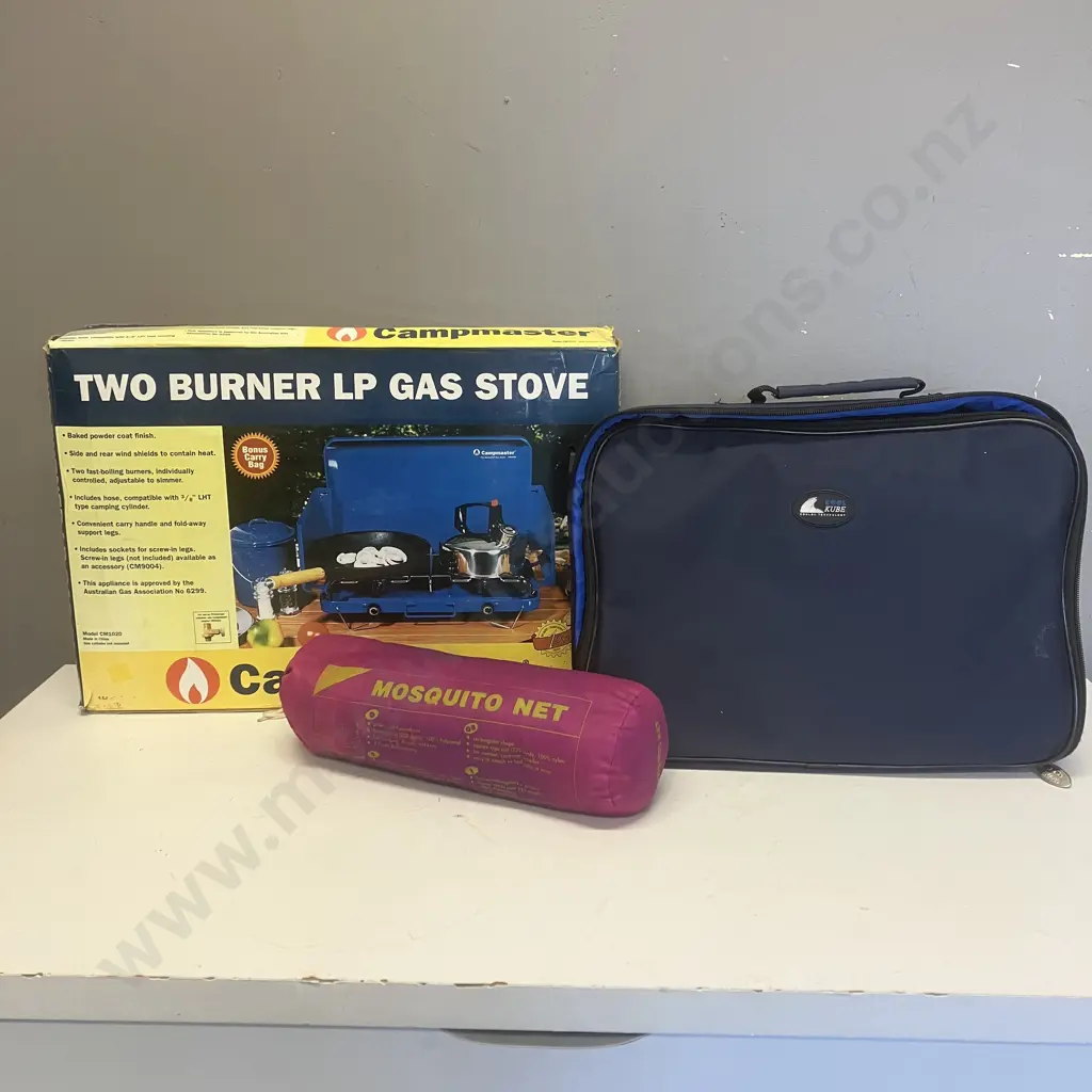 Campmaster Two Burner LP Gas Stove (No Hose), Single Bed Mosquito Net, Kool Kube Picnic Set In Bag Image 1++