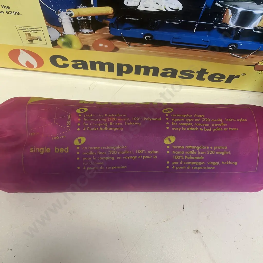 Campmaster Two Burner LP Gas Stove (No Hose), Single Bed Mosquito Net, Kool Kube Picnic Set In Bag Image 1++