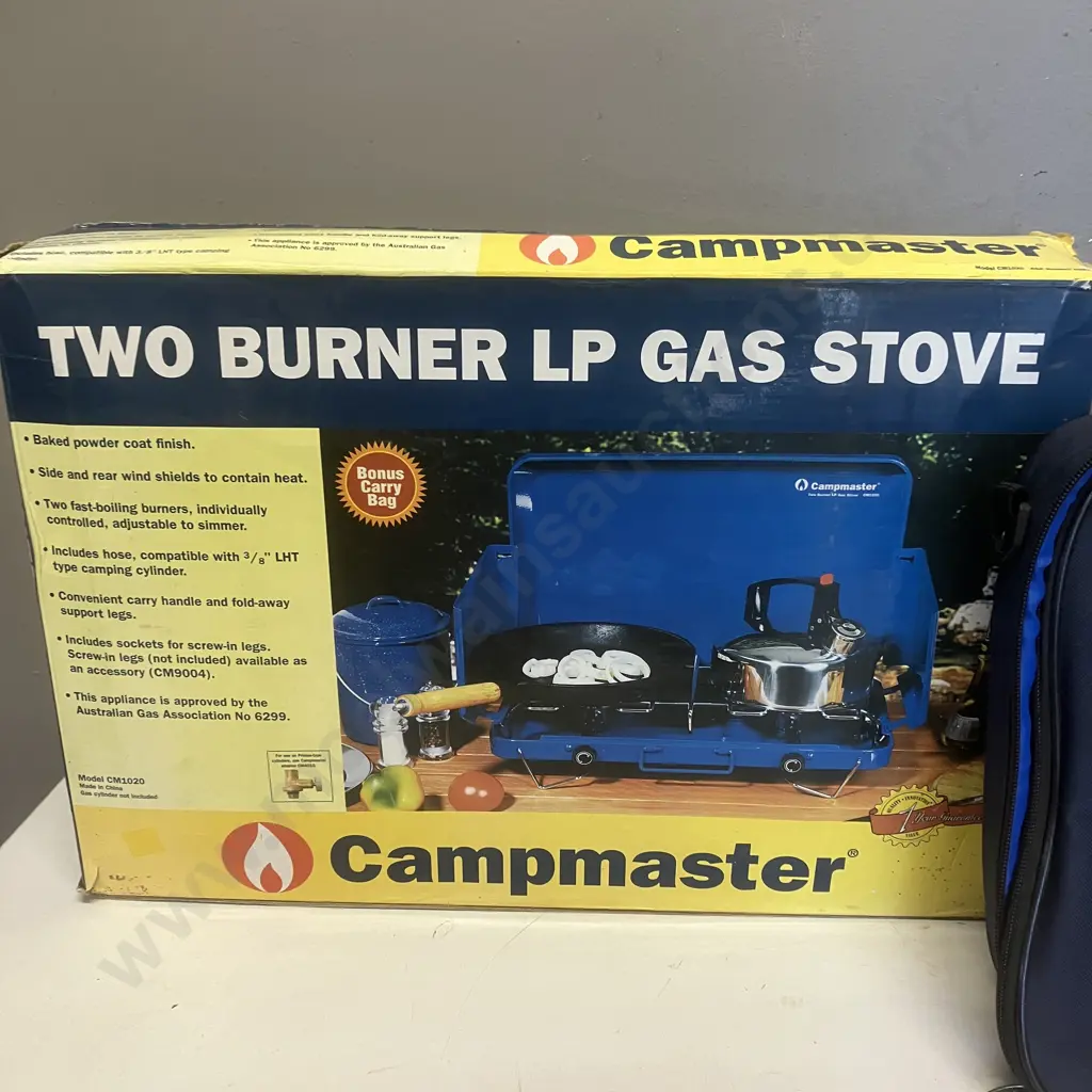 Campmaster Two Burner LP Gas Stove (No Hose), Single Bed Mosquito Net, Kool Kube Picnic Set In Bag Image 1++