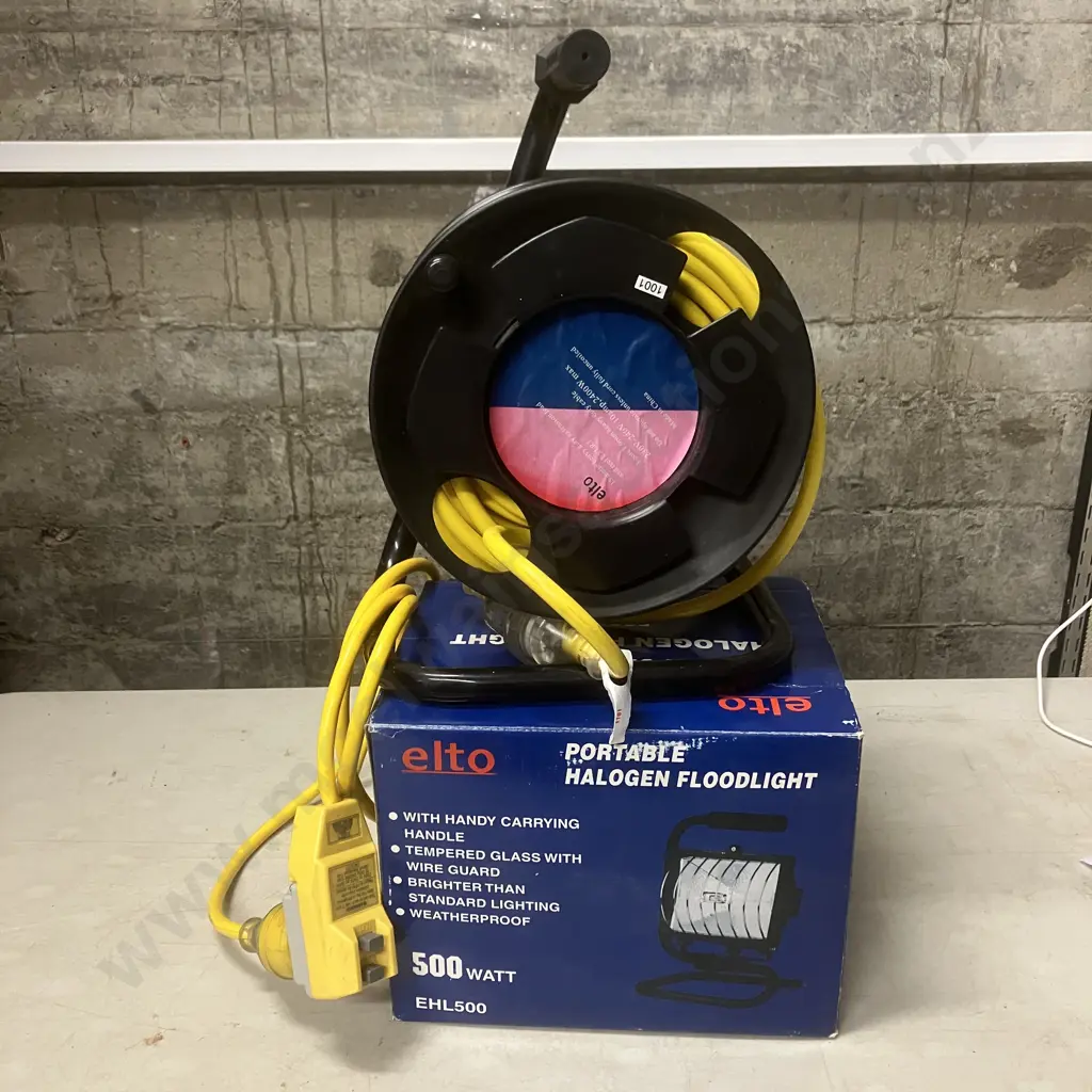 Elto 15M Heavy Duty Extension Lead & Reel, Portable Halogen Floodlight & HPM 10Amp 2400W Residual Trip Image 1++