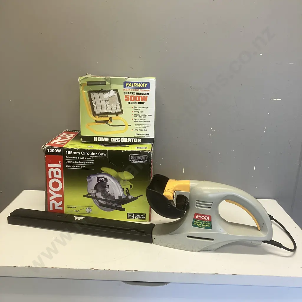 Ryobi 1200W 185mm Circular Saw, Fairway Halogen 500W Floodlight, Ryobi Hedge Trimmer Image 1++