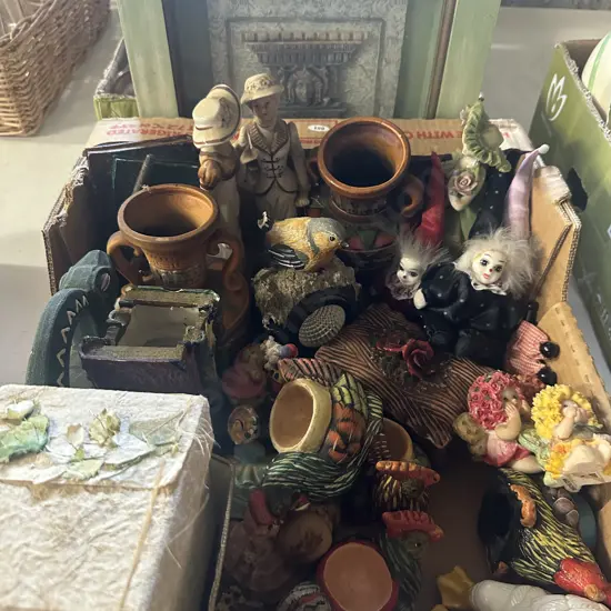 Box Lot Ornaments, Clowns Etc, Framed Artwork