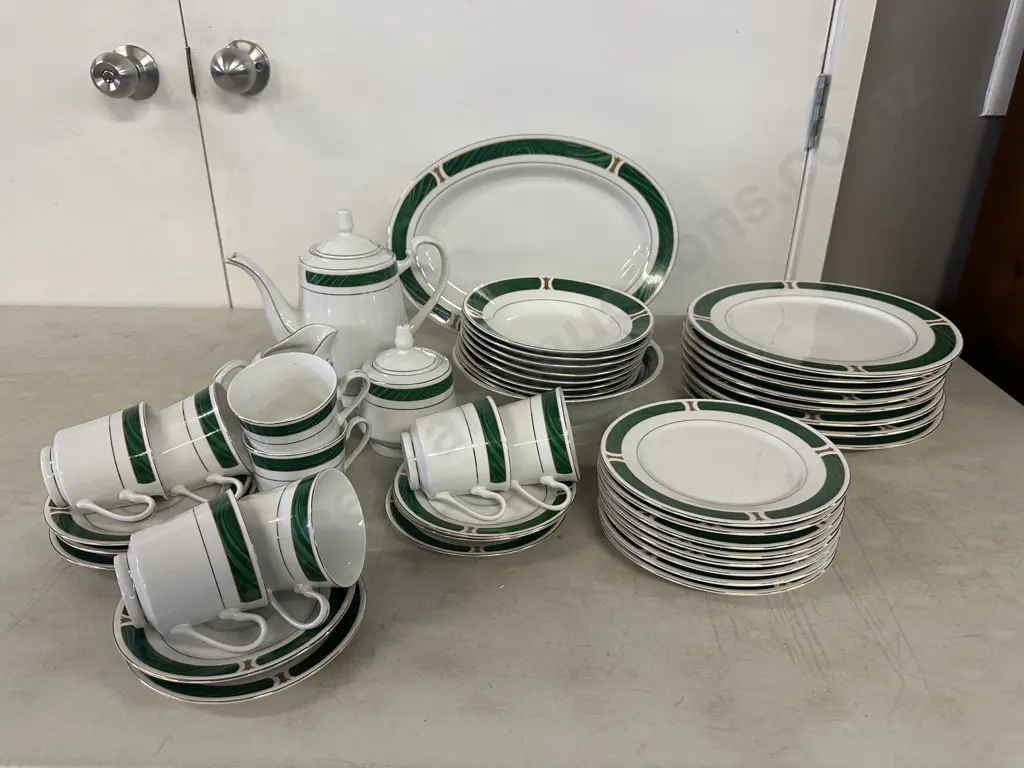 Royal China Emerald Marble Dinnerware Including Coffee Pot, Creamer, Sugar Bowl, Serving Plate Etc Image 1++