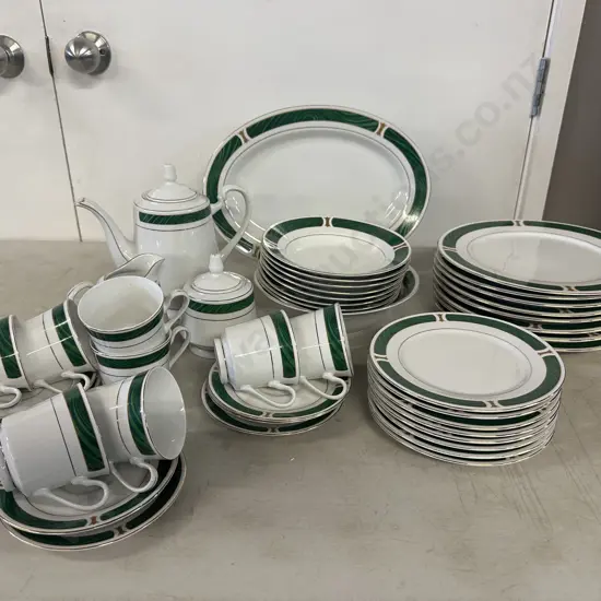 Royal China Emerald Marble Dinnerware Including Coffee Pot, Creamer, Sugar Bowl, Serving Plate Etc