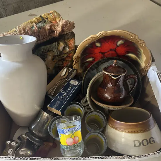 Selection Of Vintage Items Including Glasses, Pottery, Silverware Teaspoons Etc