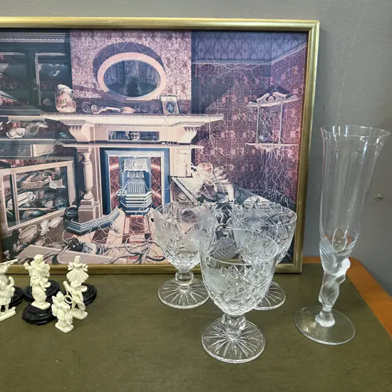 Framed Artwork 'Maybe Tommorow', Crystal Glasses & Cereal Figurines