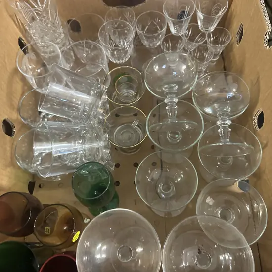 Selection Of Vintage Glassware Including Stemmed Champagne Glasses Etc