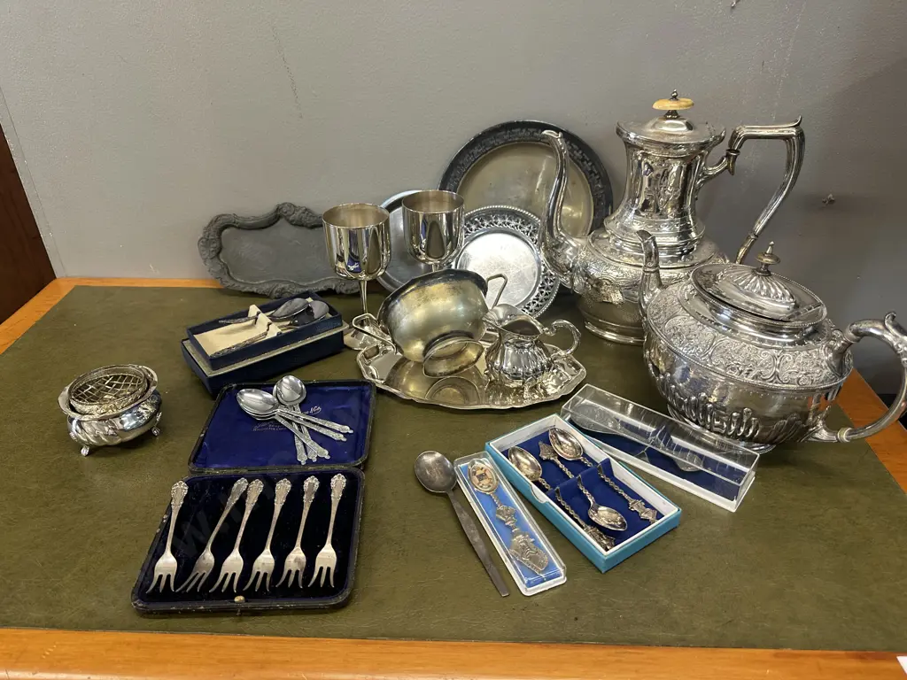 Selection Of Silverware Items Including Coffee Pot, Teapot, Cutlery Etc Image 1++