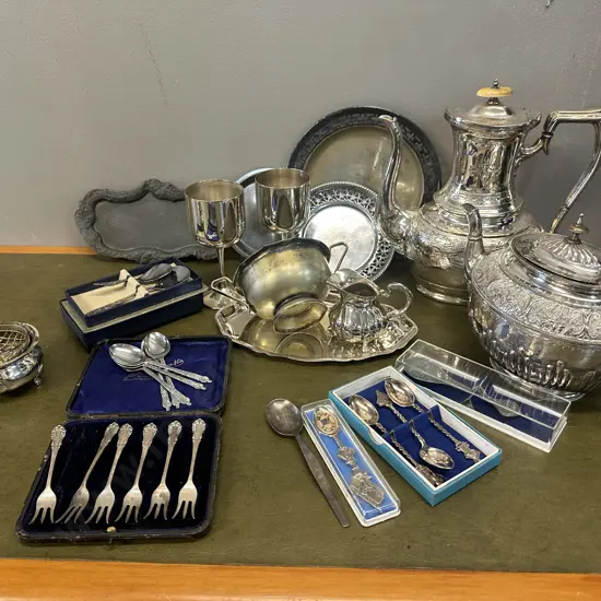 Selection Of Silverware Items Including Coffee Pot, Teapot, Cutlery Etc