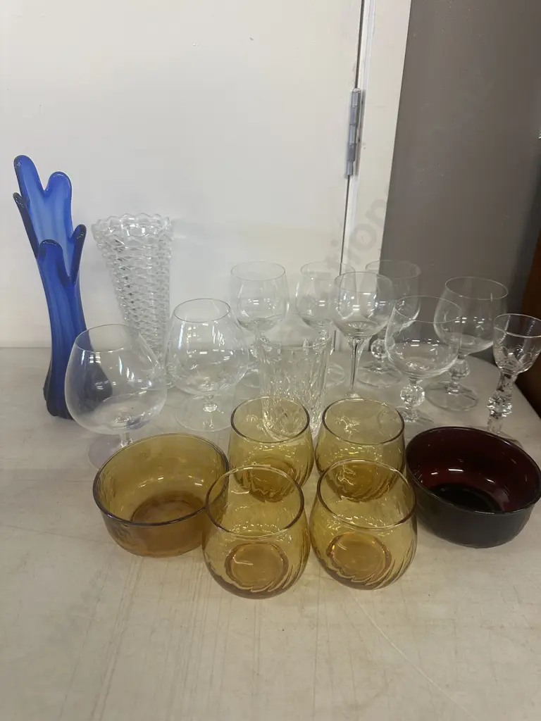 Selection Of Vintage Glassware Including Bohemia Brandy Glasses, Colbalt Blue Swung Vase Etc Image 1++