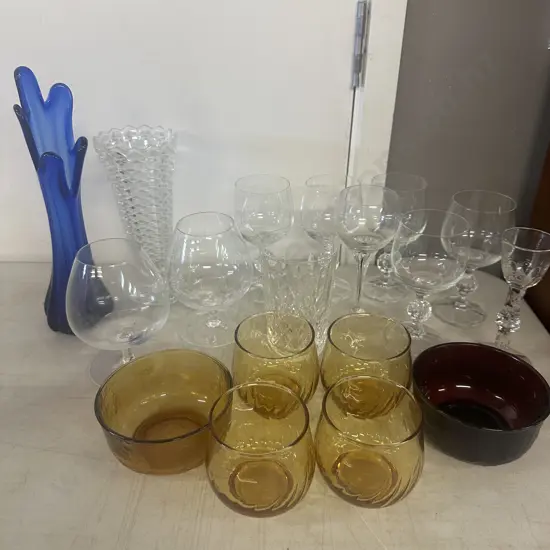 Selection Of Vintage Glassware Including Bohemia Brandy Glasses, Colbalt Blue Swung Vase Etc