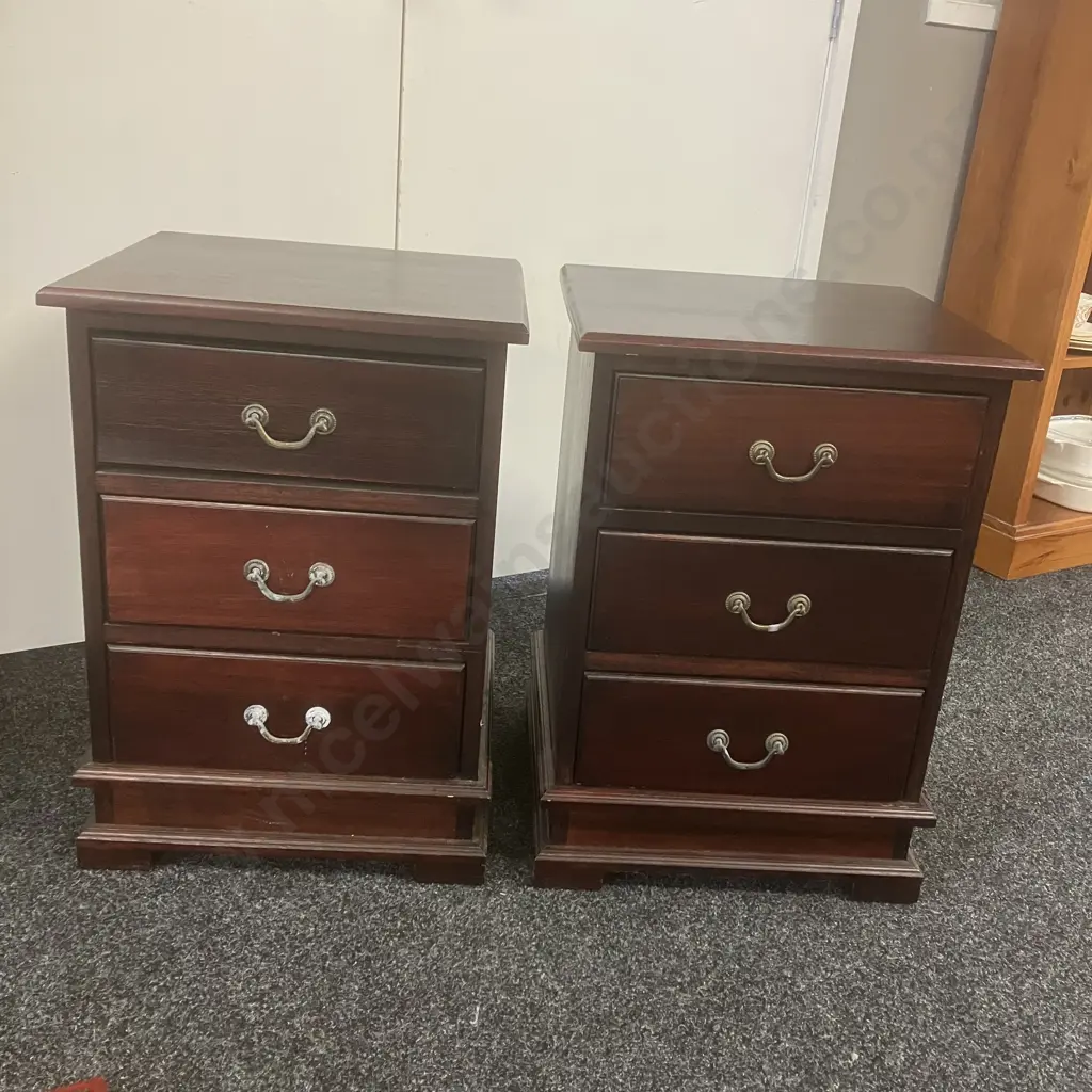 Pair of Dark Wood 3 Drawer Bedside Cabinets. H65 W46 D42.5cm Image 1++