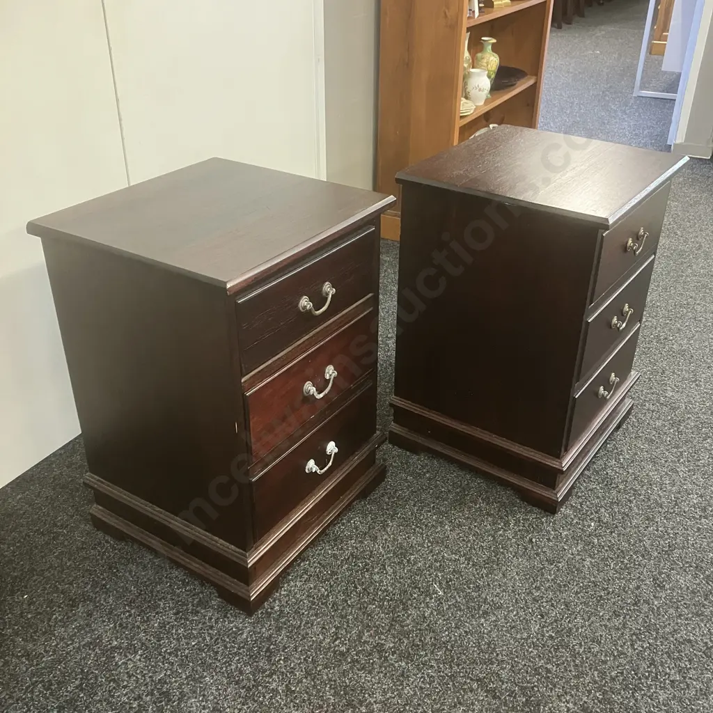 Pair of Dark Wood 3 Drawer Bedside Cabinets. H65 W46 D42.5cm Image 1++