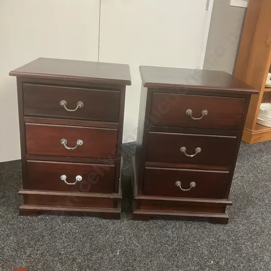 Pair of Dark Wood 3 Drawer Bedside Cabinets. H65 W46 D42.5cm