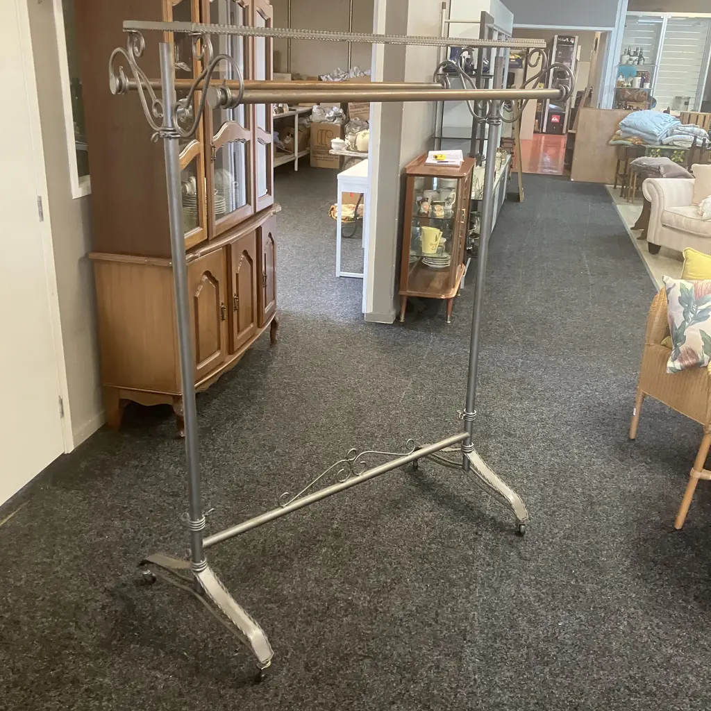 Vintage Wrought Iron Garment Rack With Scroll Ends & Wheels. H162.5 W120 D60cm Image 1++