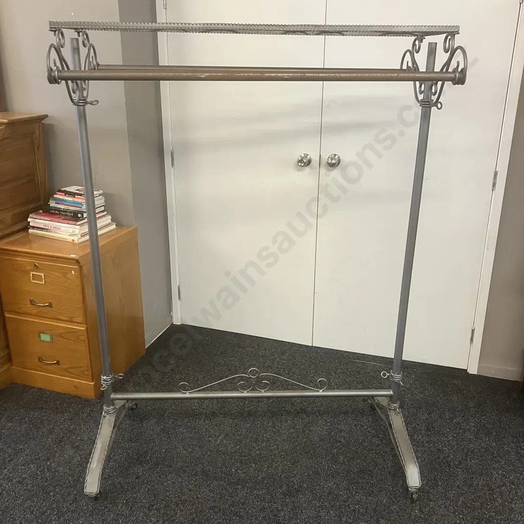 Vintage Wrought Iron Garment Rack With Scroll Ends & Wheels. H162.5 W120 D60cm Image 1++