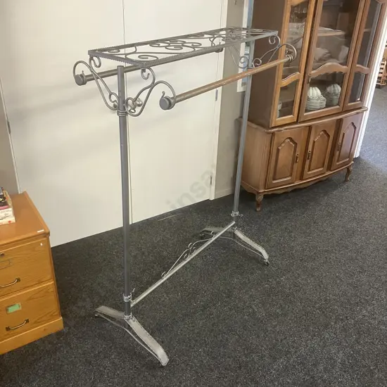 Vintage Wrought Iron Garment Rack With Scroll Ends & Wheels. H162.5 W120 D60cm