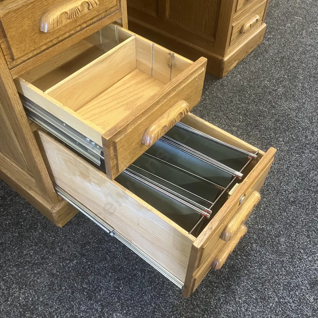 Stunning Oak Rolltop Secretaire Kneehole Desk, 21 Drawers, Brass Handles, 2 x Pull Out Slides, 3 Doors Image 1++