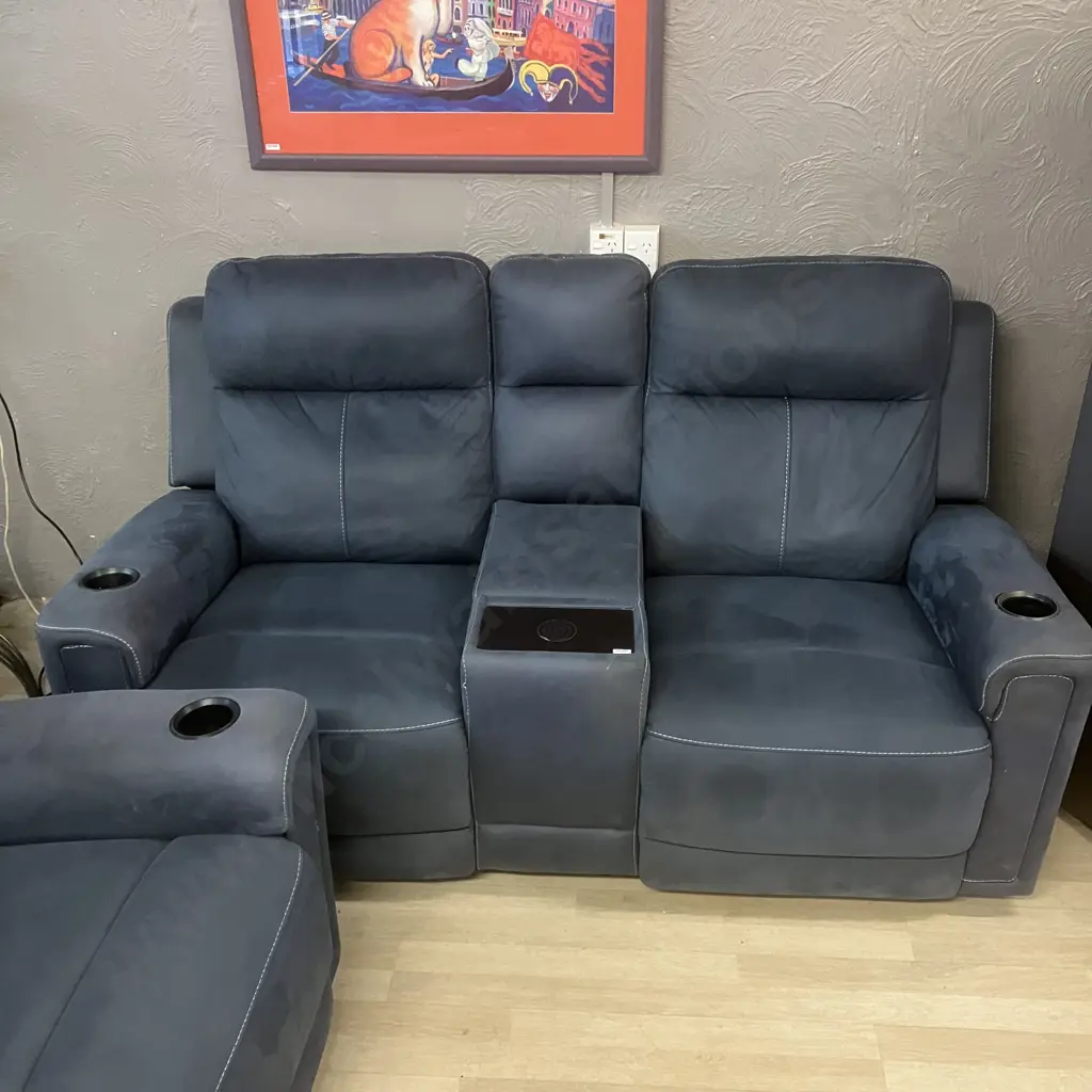 Ex Harvey Norman Wolgan 3 Seater & 2 Seater Powered Recliner Sofas - Blue, With Fabric Care Kit Image 1++