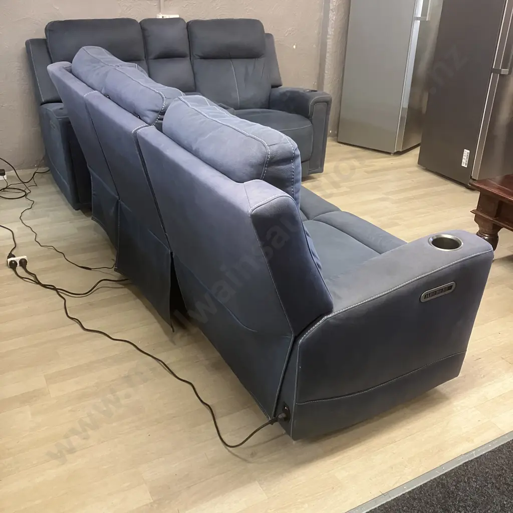 Ex Harvey Norman Wolgan 3 Seater & 2 Seater Powered Recliner Sofas - Blue, With Fabric Care Kit Image 1++