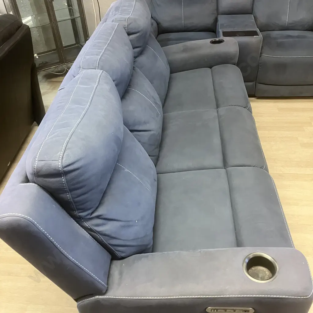 Ex Harvey Norman Wolgan 3 Seater & 2 Seater Powered Recliner Sofas - Blue, With Fabric Care Kit Image 1++