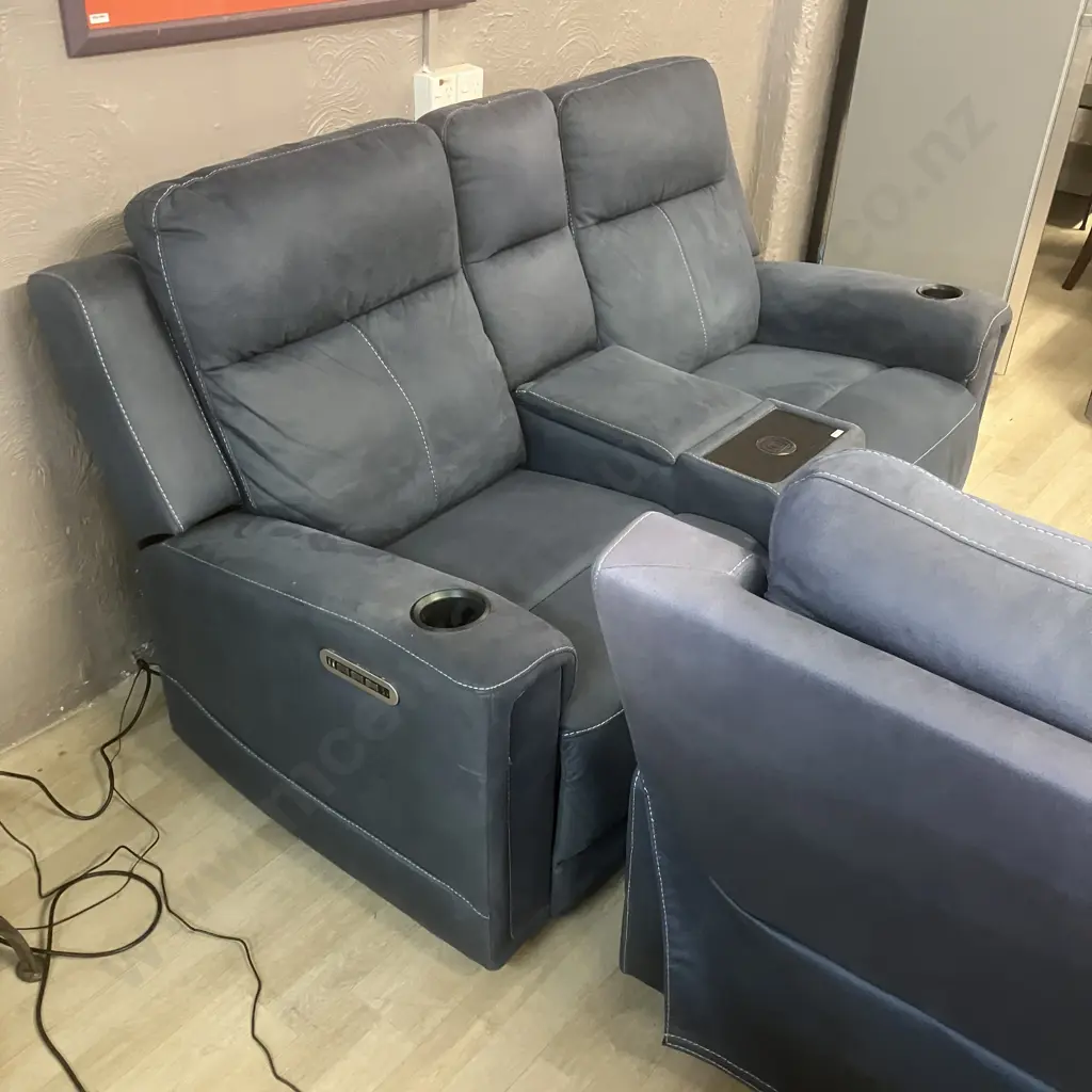 Ex Harvey Norman Wolgan 3 Seater & 2 Seater Powered Recliner Sofas - Blue, With Fabric Care Kit Image 1++