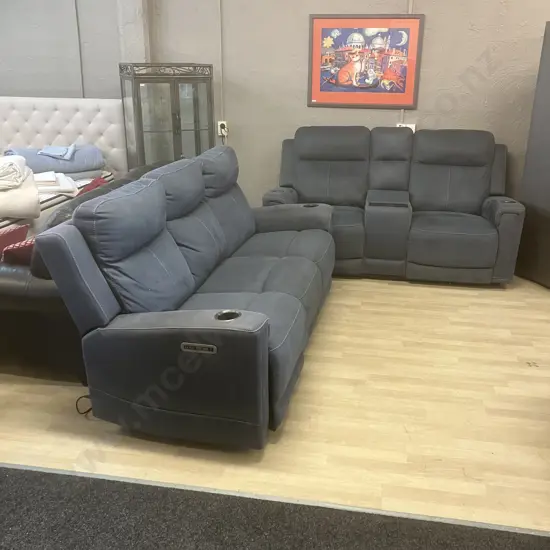 Ex Harvey Norman Wolgan 3 Seater & 2 Seater Powered Recliner Sofas - Blue, With Fabric Care Kit