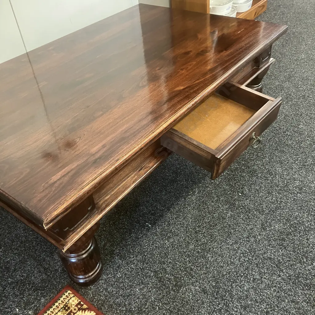 Dark Wood Rectangular Coffee Table With 2 Drawers Over Turned Legs. H43 W140 D89.5cm Image 1++