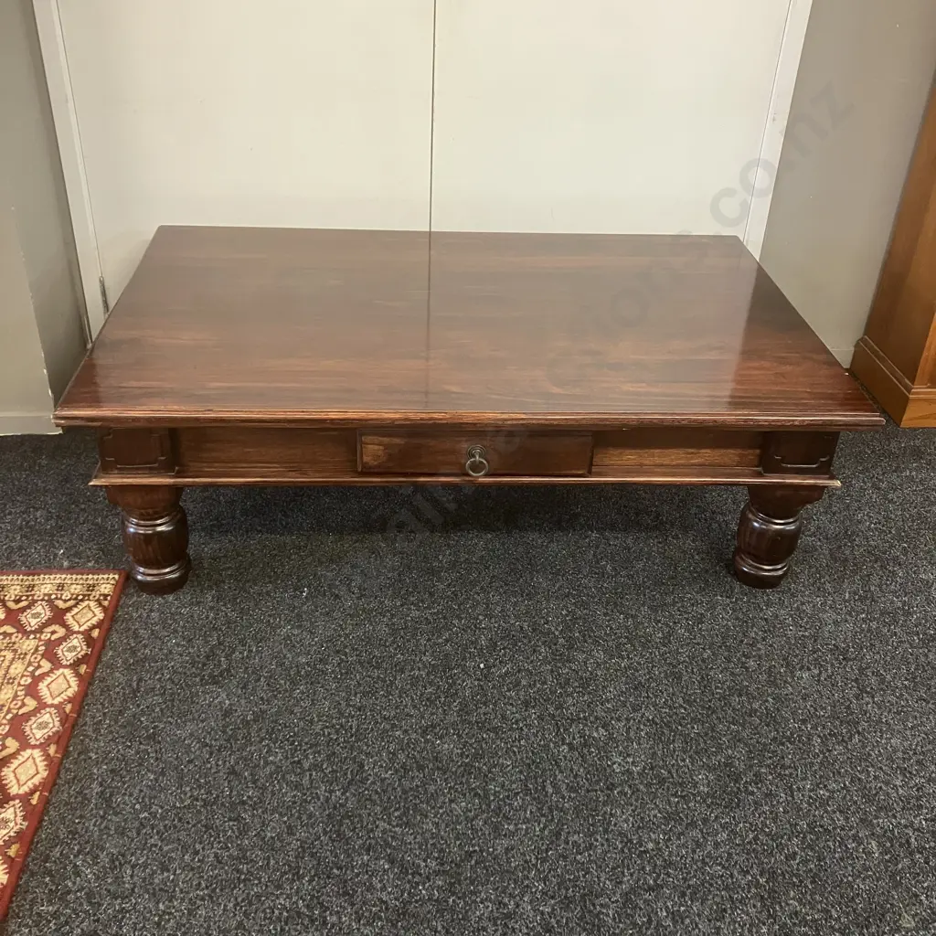 Dark Wood Rectangular Coffee Table With 2 Drawers Over Turned Legs. H43 W140 D89.5cm Image 1++