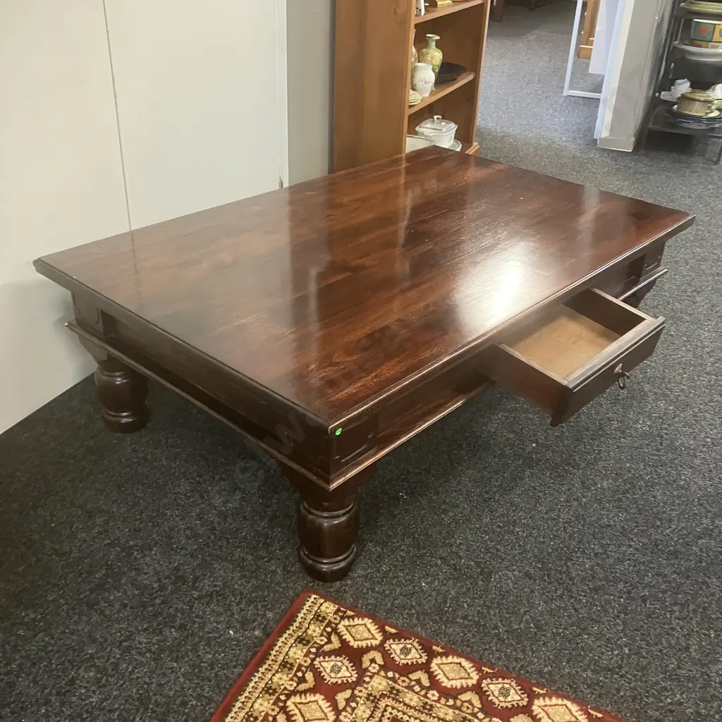 Dark Wood Rectangular Coffee Table With 2 Drawers Over Turned Legs. H43 W140 D89.5cm Image 1++