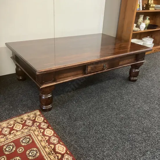 Dark Wood Rectangular Coffee Table With 2 Drawers Over Turned Legs. H43 W140 D89.5cm