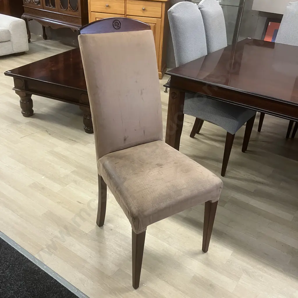 Dark Wood 155cm Square Table With 8 Mocha Micro Suede Highbacked Chairs (Stained) With Blue Slip Covers Image 1++