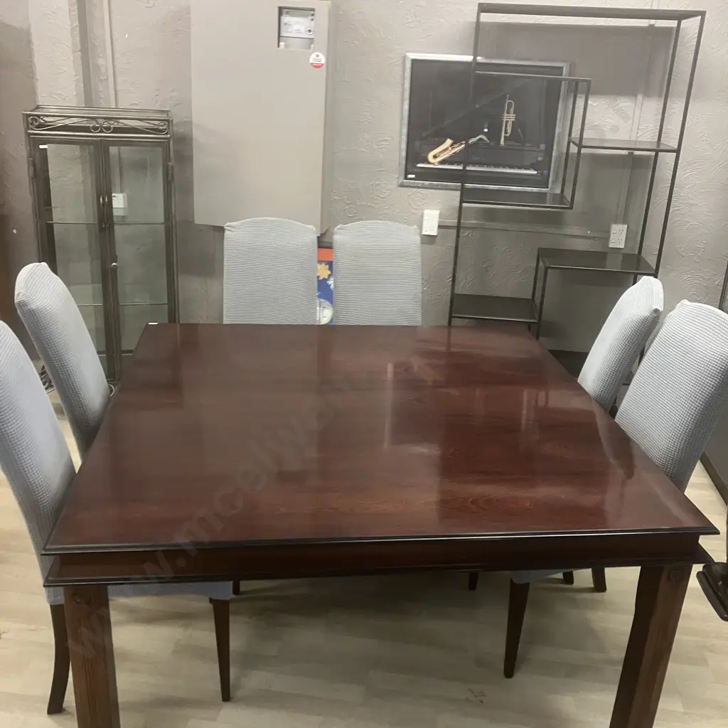 Dark Wood 155cm Square Table With 8 Mocha Micro Suede Highbacked Chairs (Stained) With Blue Slip Covers Image 1++