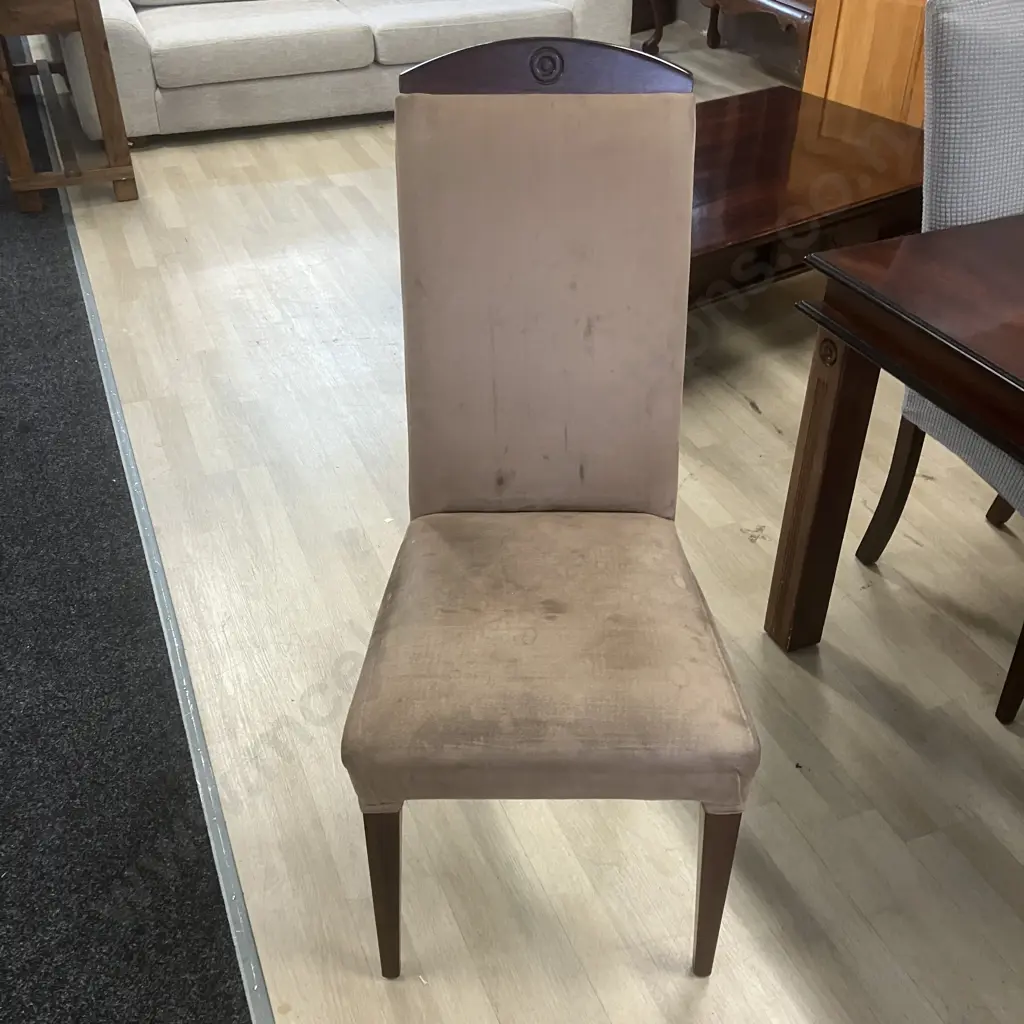 Dark Wood 155cm Square Table With 8 Mocha Micro Suede Highbacked Chairs (Stained) With Blue Slip Covers Image 1++