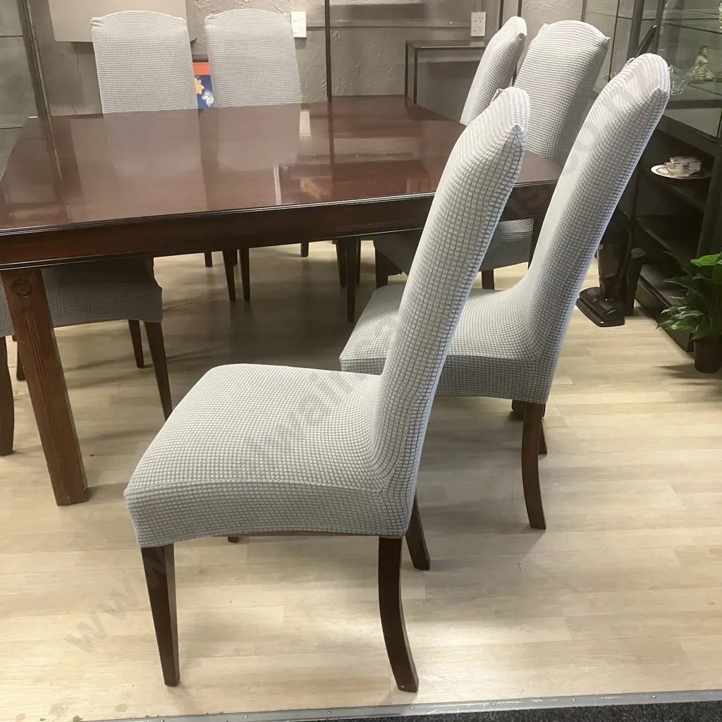 Dark Wood 155cm Square Table With 8 Mocha Micro Suede Highbacked Chairs (Stained) With Blue Slip Covers Image 1++