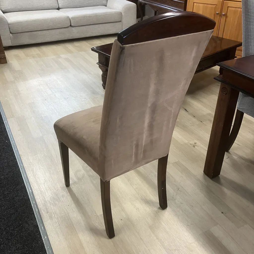 Dark Wood 155cm Square Table With 8 Mocha Micro Suede Highbacked Chairs (Stained) With Blue Slip Covers Image 1++