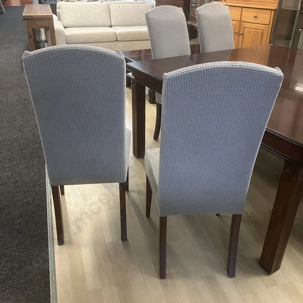 Dark Wood 155cm Square Table With 8 Mocha Micro Suede Highbacked Chairs (Stained) With Blue Slip Covers Image 1++