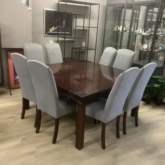 Dark Wood 155cm Square Table With 8 Mocha Micro Suede Highbacked Chairs (Stained) With Blue Slip Covers