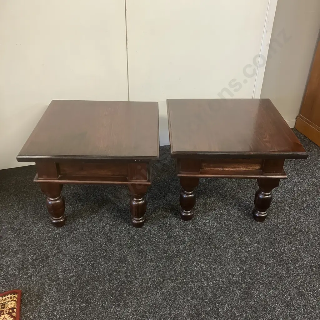 Pair of Dark Wood Square Side Tables, Turned Legs. 43 x 51cm Image 1++