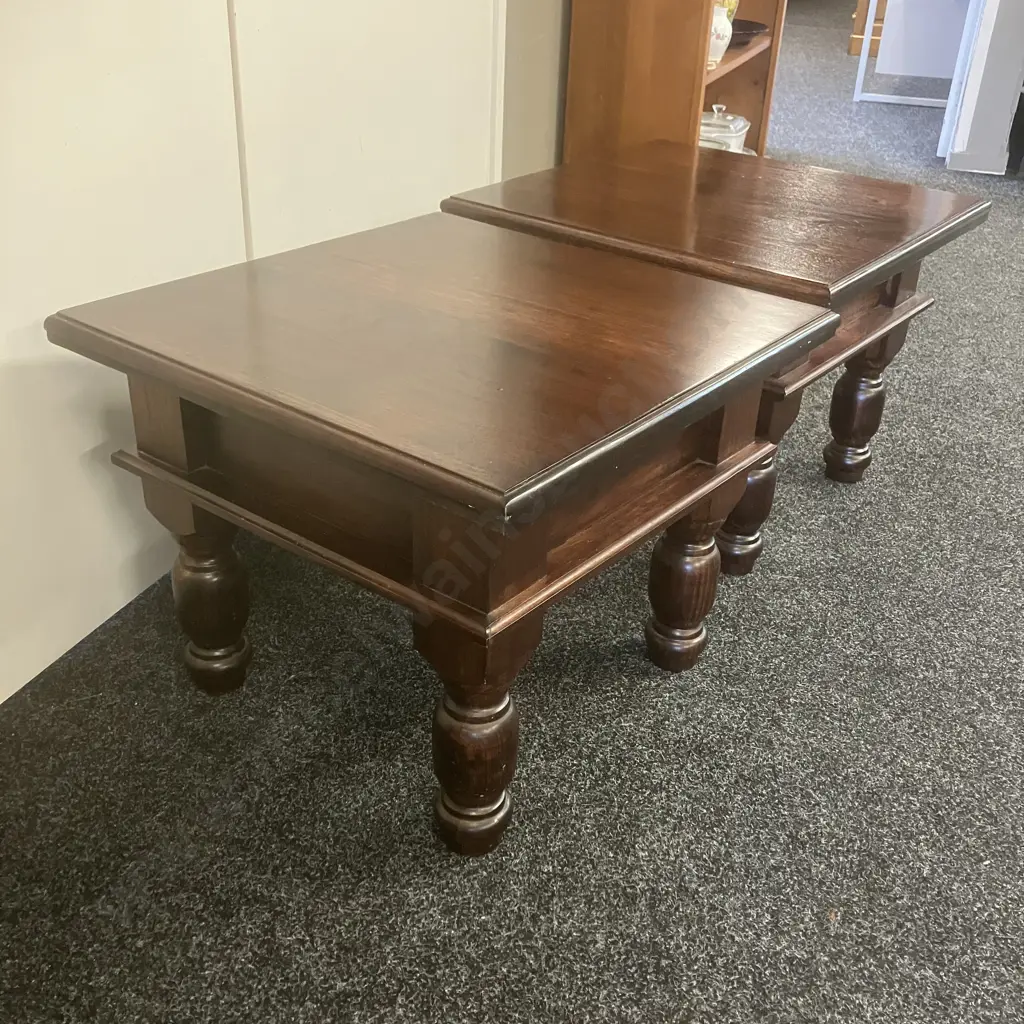 Pair of Dark Wood Square Side Tables, Turned Legs. 43 x 51cm Image 1++