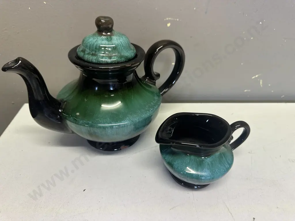 Vintage Blue Mountain Pottery Teapot (af) & Creamer With Green & Black Glaze H17cm. Image 1++