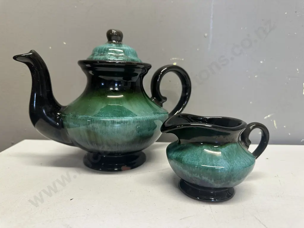 Vintage Blue Mountain Pottery Teapot (af) & Creamer With Green & Black Glaze H17cm. Image 1++