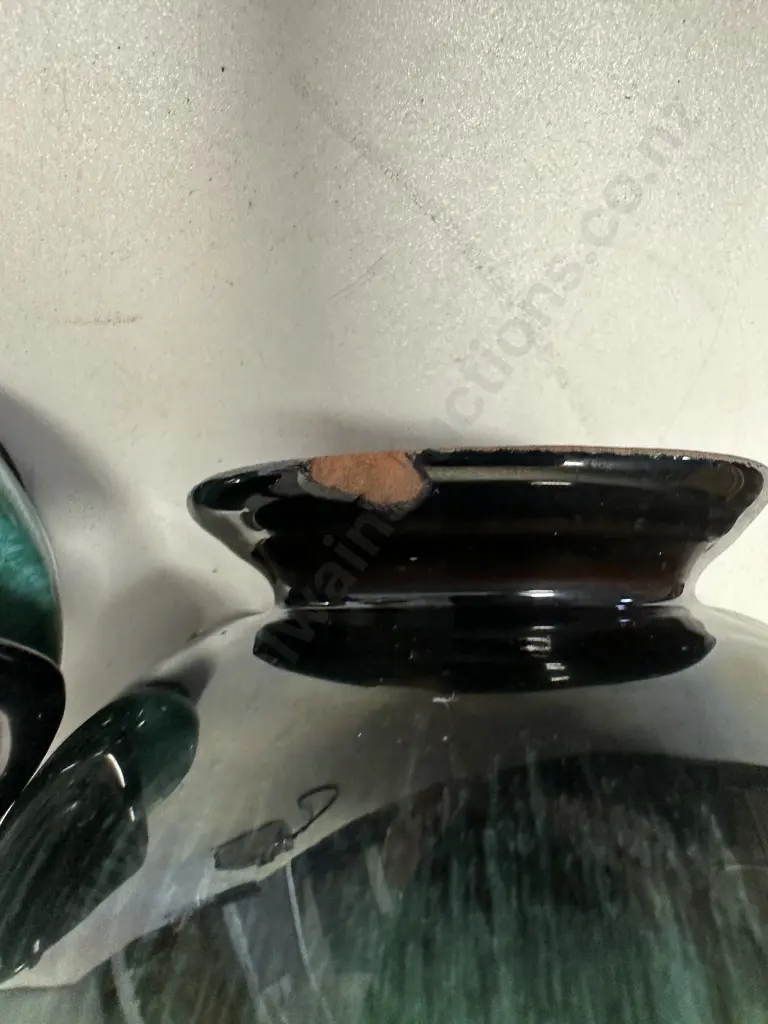 Vintage Blue Mountain Pottery Teapot (af) & Creamer With Green & Black Glaze H17cm. Image 1++