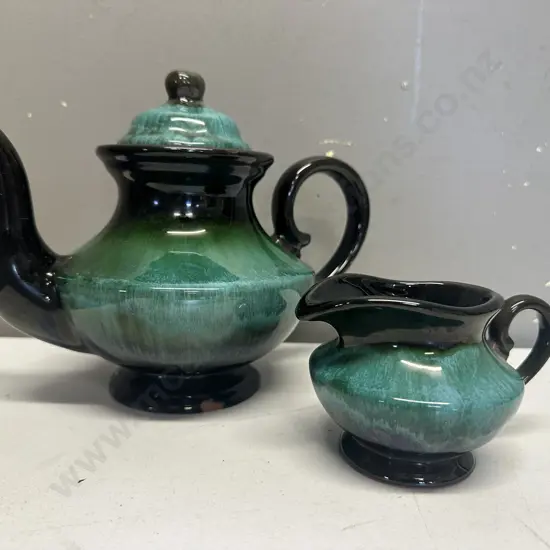 Vintage Blue Mountain Pottery Teapot (af) & Creamer With Green & Black Glaze H17cm.
